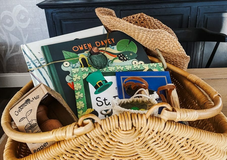 basket with books and toys in it